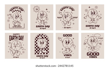 Set of posters for earth day celebration. Love and save the environment and eco. Collection of modern trendy planet characters in groovy style. Y2k elements. Funky cute. April 22. Hippies 70s, 80s.