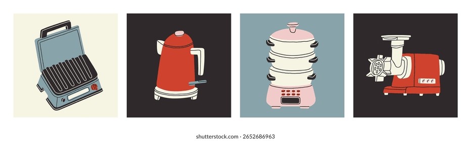Conjunto de cartazes com uma grelha elétrica, uma chaleira, um vapor e um moedor.
Bom para representar aparelhos de cozinha em listagens de produtos, manuais de instruções ou tutoriais de culinária. Ilustração vetorial.
