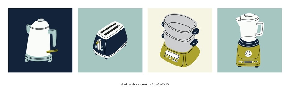Conjunto de cartazes com uma chaleira elétrica, uma torradeira, um vapor e um misturador. 
Bom para representar aparelhos de cozinha em listagens de produtos, manuais de instruções ou tutoriais de culinária. Ilustração vetorial.