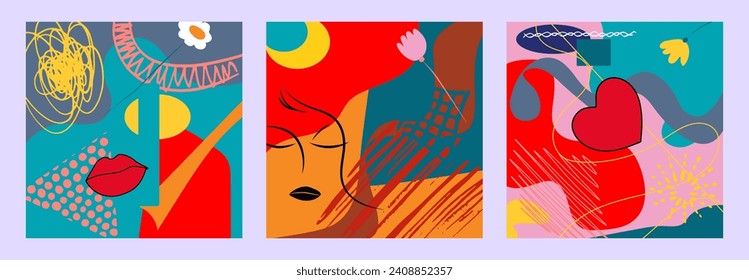 A set of posters with elements of freehand drawing,abstract shapes, lips,face,heart, modern graphic design. Perfect for social media, posters, covers, invitations, brochures. Vector
