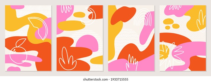 Set of posters with elements of fruits, plants and abstract shapes, modern graphic design. Liquid abstract shapes. Perfect for social media, poster, cover, invitation, brochure. Isolated vector