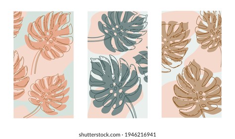 Set of posters with elements of plants and abstract shapes, modern graphic design. handmade design with organic shape for wall prints, canvas prints, poster, home decor. Vector illustration.