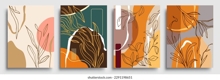 Set of posters with elements of plants, floral and abstract shapes, modern graphic design. Perfect for social media, poster, cover, invitation, brochure. Vector
