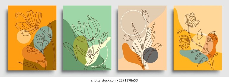 Set of posters with elements of plants, floral and abstract shapes, modern graphic design. Perfect for social media, poster, cover, invitation, brochure. Vector