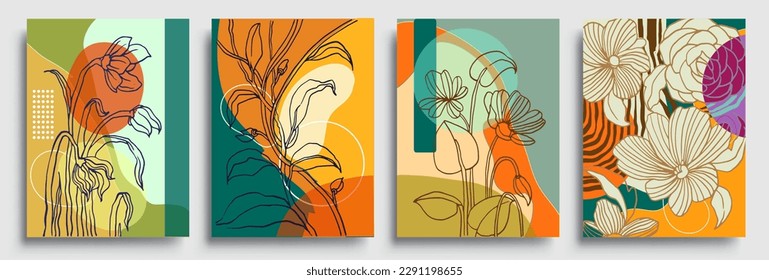 Set of posters with elements of plants, floral and abstract shapes, modern graphic design. Perfect for social media, poster, cover, invitation, brochure. Vector