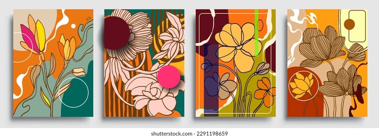 Set von Plakaten mit Pflanzenelementen, floralen und abstrakten Formen, modernem Grafikdesign. Perfekt für Social Media, Poster, Cover, Einladung, Broschüre. Vektorgrafik