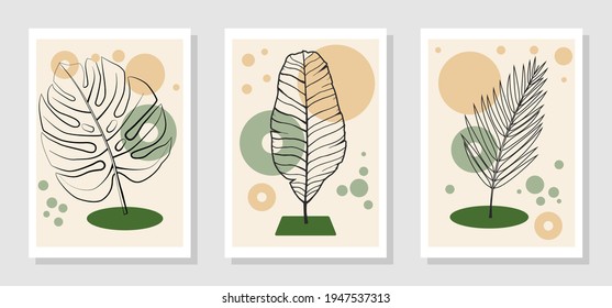 Set of posters with elements of tropical leaves and abstract shapes, modern graphic design.