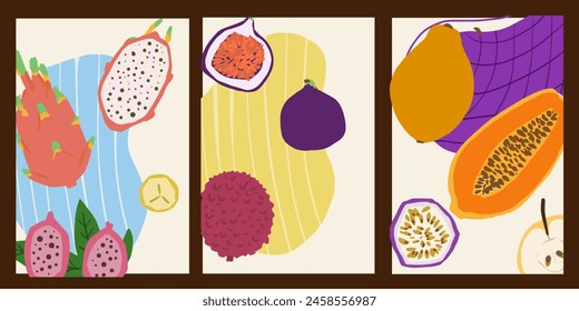 Set of posters with exotic fruits, flat design.