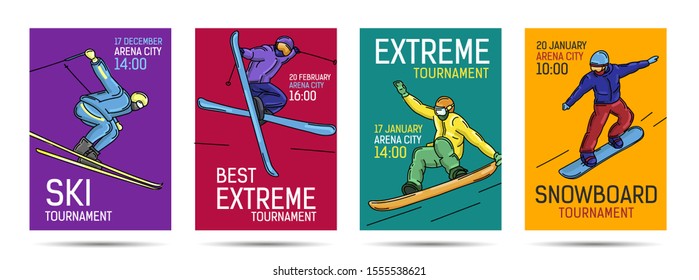 Set of posters for extreme winter sports tournament or competition with snowboarder and skier in various positions