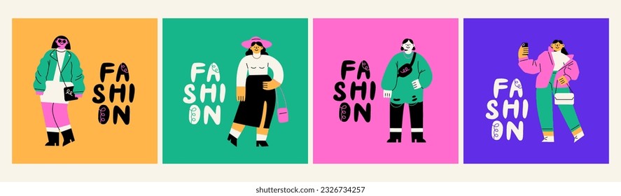 A set of posters with fashionable girls in stylish clothes. Bright female models. Vector flat illustration with typography