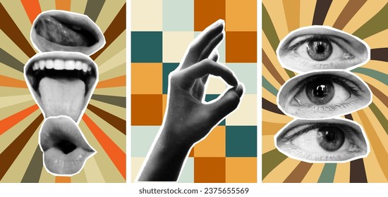 A set of posters, a fashionable set of halftone collage stickers. Lips, tongue, eyes, hand. Cool doodle elements. Retro style, retro background, vintage, 80s. Retro halftone template for banner, poste