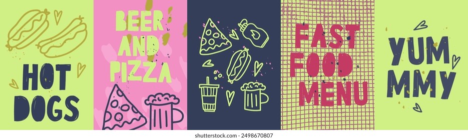 set of posters with fastfood menu, hot dogs, beer and pizza. World food day. Beer and pizza day. template design in doodle style. Flat vector Illustration in naive art.