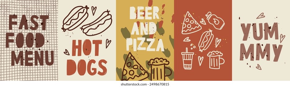 Conjunto de carteles con menú de comida rápida, perritos calientes, cerveza y pizza. Día Mundial de la Alimentación. Día de la cerveza y la pizza. Diseño de Plantilla en estilo doodle. Ilustración vectorial plana en arte ingenuo.