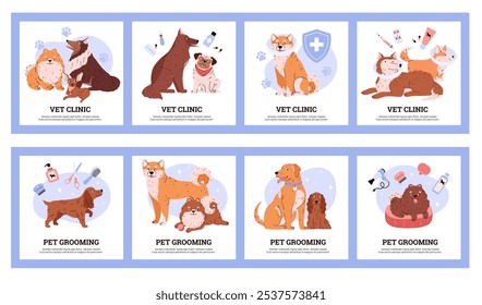 Conjunto de cartazes com diferentes cães, juntamente com itens de cuidados médicos e ferramentas de higiene. A ilustração vetorial apresenta o conceito de tratamento e cuidados com animais de estimação. É fornecido um espaço para o texto. Estilo plano.