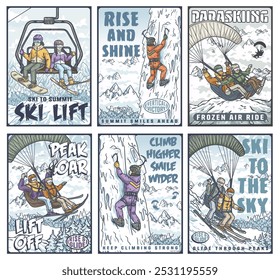 Set of posters featuring men and women enjoying winter sports like ice climbing and parasailing against snowy mountain landscapes