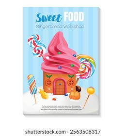 Set of Posters Featuring a Sweet Food Shop Candy House with Cake Houses Topped with Glaze - Realistic Vector Illustration