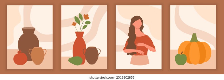 Set of posters with female silhouette on retro summer background. Fashion woman portrait in pastel colors. Abstract paper cut elements, pumpkin, pottery. Flat catroon vector illustration