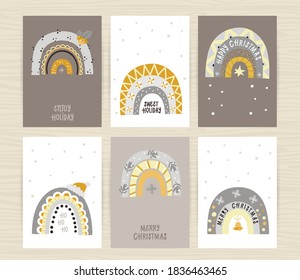Set of posters with festive shiny rainbows and inscriptions. Perfect for kids bedroom, invitation cards, posters and wall decorations