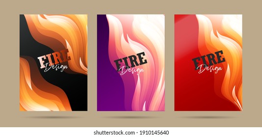 Set of posters with fire abstract graphic forms, fire protection promo or hot party invitation, flyer backdrop