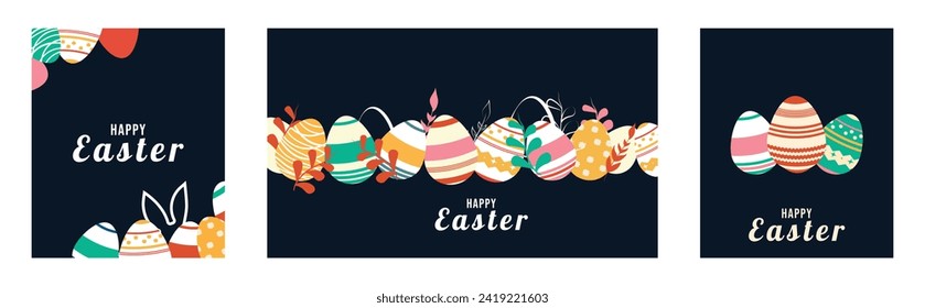 A set of posters in a flat style.  Children's illustration. Spring holiday. Religion and fasting. Postcard cover. Rabbit ears. Pattern of eggs, flowers, plants. Basket. Postcard template. Leinart. 