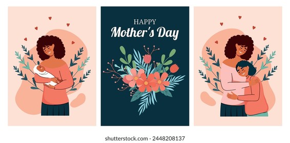 Set of posters in flat trendy style. Vector illustration. Isolated. Characters. Woman, girl, baby. Hugs and family. Embrace. Mothers Day. Generation. 12 May. Best mommy. Love and heart. Cartoon person