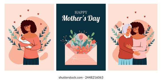 Set of posters in flat trendy style. Vector illustration. Isolated. Characters. Woman, girl, baby. Hugs and family. Embrace. Mothers Day. Generation. 12 May. Envelope with flowers