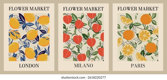Conjunto de cartazes no mercado de flores. Papel de parede groovy abstrato. Engraçado. Arte botânica. Flat. Hippie. Frutas vintage retrô. Limão, laranja, pêssego. Verão e primavera. Pare com isso. Mão desenhada. Rabiscar. Contemporâneo
