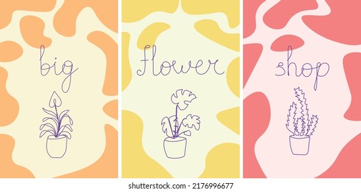Set of posters with flowerpots. Line art hand drawn houseplants with colorful abstract shapes. Vector modern minimalism.