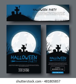 set of posters, flyers and banners for Halloween. Template with a blue night sky and a white moon, graves on the hill and witch cap on the cross. . Vector illustration