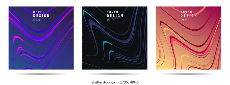 Set of posters or flyers or brochure covers with abstract fluid lines flowing and forming wavy texture,tree colors gradient, backdrop cover composition