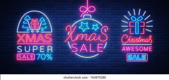 Set of posters, flyers cards on the topic of Xmas sales, Christmas neon style. New year discount. Festive winter sale, neon sign, bright advertising banner, luminous sign. Vector illustration.