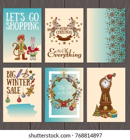 Set of posters or flyers for Christmas and New Year discounts and sales.