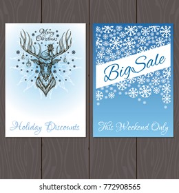 Set of posters or flyers for Christmas and New Year discounts and sales.