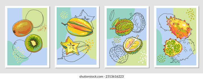 A set of posters or flyers with fruits. Kiwi, durian, carambola and kiwano. Fruits in cartoon style. Line art, abstract shapes and groups of dots. Vector illustration.