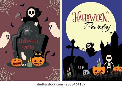 Set of posters and flyers for the Halloween party. Pumpkins, skeletons, cemetery, bats and other Halloween symbols. Vector template illustration.