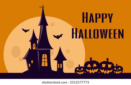 Set of posters and flyers for Halloween party. Vector illustration with gloomy city, pumpkins, moon and bat All Saints Eve