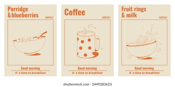 A set of posters with food: porridge or muesli with berries, a mug of coffee, crispy grain rings with milk. Monochrome palette. A delicious and healthy breakfast. Vector illustration.