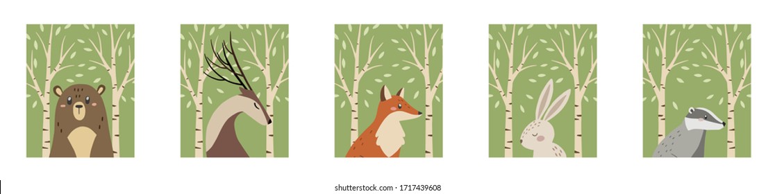 Set of posters with forest animals. Vector illustration.