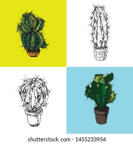 A set of posters,
in the form of cacti with large thorns, in a pot, drawn with a pen on paper, an element for your interior, website and design project. Graphics in the Scandinavian style.