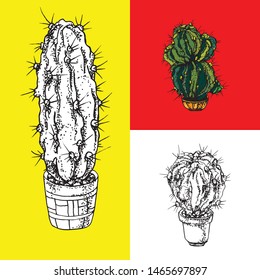 A set of posters,
in the form of cacti with large thorns, in a pot, drawn with a pen on paper, an element for your interior, website and design project. Graphics in the Scandinavian style.

