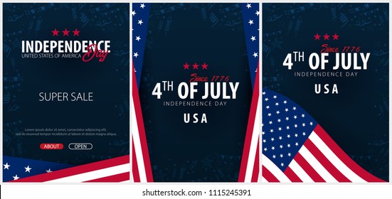 Set Posters of Fourth of July. 4th of July. Independence Day of the USA. Vector illustration