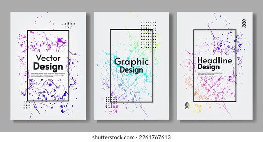 Set of posters with frames. Gradient colors. Scratches and paint splash. Design for poster, cover, invitation.