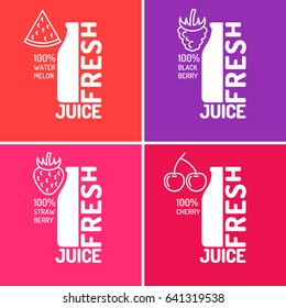 Set of posters fresh juice with blackberries, strawberries, watermelon and cherries. Vector illustration in flat minimalistic style