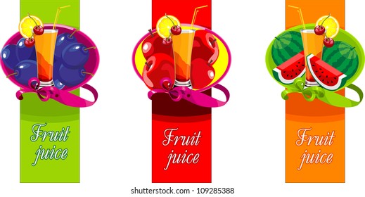 a set of posters with fruit and cups of juice with a straw