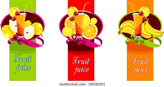 a set of posters with fruit and cups of juice with a straw