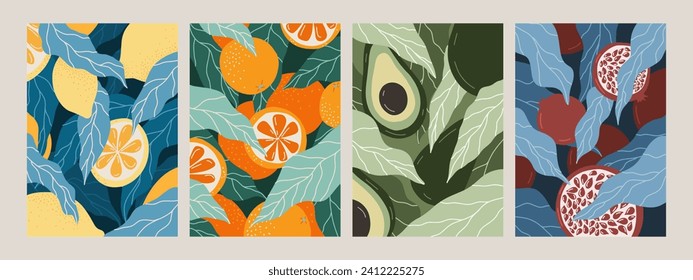 Set of posters with fruits. Cards with orange, lemon, avocado, pomegranate. Vector flat illustration