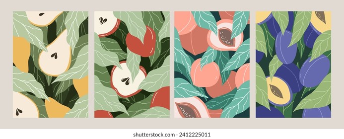 Set of posters with fruits. Cards with pear, apricot, apple, plum. Vector flat illustration