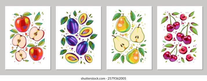 Set of posters with fruits and leaves. Templates with apples, plums, pears and cherries. Colorful art prints for cards, wall decor, banner, cover, label and more. Vector illustrations.