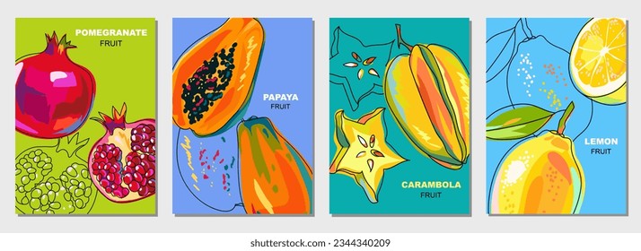 Set of posters with fruits. Papaya, pomegranate, carambola, lemon on colorful backgrounds. Set of cover templates for brochure, flyer and poster use. Whole fruits and halves. Vector illustration.