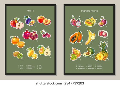 Carteles con frutas. Frutas tropicales. Etiquetas de frutas. Arte mural, decoración, tarjeta, portada, plantilla. Colores brillantes, ilustración vectorial. Estilo de caricatura.